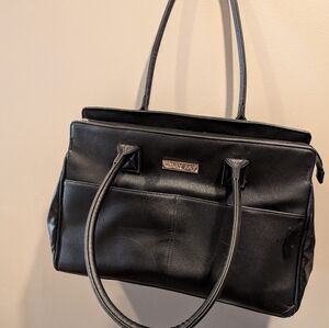 Mary Kay Black Faux Leather Tote Bag Zipper Closure 18"x12"x6" Floral Interior